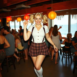 An analogue Fuji film photo capturing a curvy 40-year-old woman with vibrant blonde hair styled in playful pigtails, dancing joyfully in a bustling coastal bar filled with lively patrons and beautiful sea views