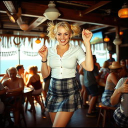 An analogue Fuji film photo capturing a curvy 40-year-old woman with vibrant blonde hair styled in playful pigtails, dancing joyfully in a bustling coastal bar filled with lively patrons and beautiful sea views