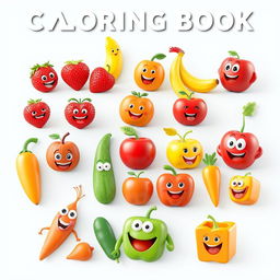 A collection of 3D animated images designed for a coloring book, featuring a variety of identifiable fruits and vegetables