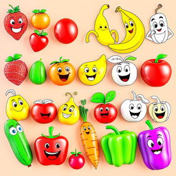 A collection of 3D animated images designed for a coloring book, featuring a variety of identifiable fruits and vegetables