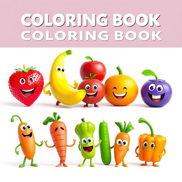 A collection of 3D animated images designed for a coloring book, featuring a variety of identifiable fruits and vegetables