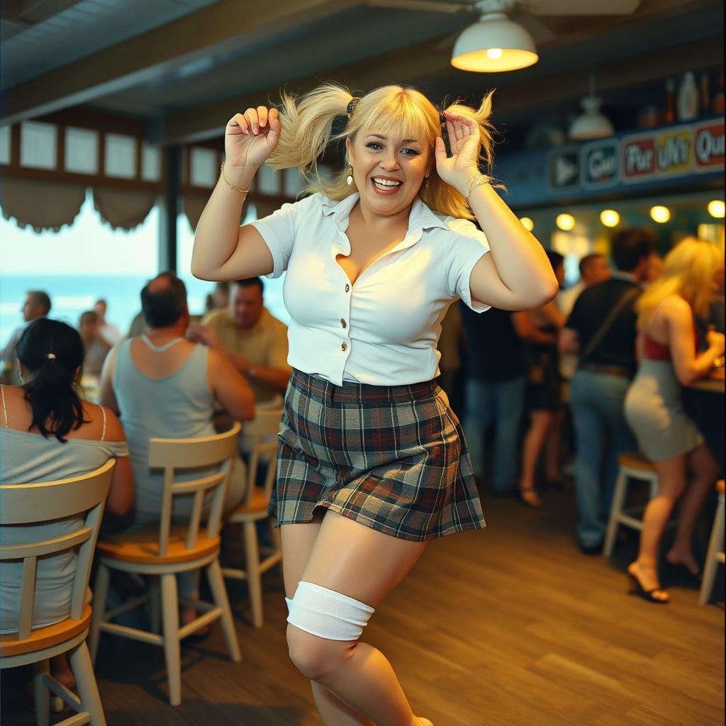 An analogue Fuji film photo capturing a curvy and plump 40-year-old woman with bright blonde hair styled in playful pigtails, exuberantly dancing in a busy coastal bar filled with lively patrons and stunning sea views