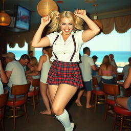 An analogue Fuji film photo capturing a curvy and plump 40-year-old woman with bright blonde hair styled in playful pigtails, exuberantly dancing in a busy coastal bar filled with lively patrons and stunning sea views