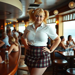 An analogue Fuji film photo capturing a curvy and plump 40-year-old woman with vibrant blonde hair styled in playful pigtails, confidently posing in a bustling coastal bar filled with lively patrons and stunning sea views