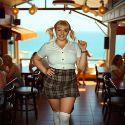 An analogue Fuji film photo capturing a curvy and plump 40-year-old woman with bright blonde hair styled in playful pigtails, confidently posing in a busy coastal bar with open-air seating and breathtaking sea views
