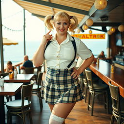 An analogue Fuji film photo capturing a curvy and plump 40-year-old woman with bright blonde hair styled in playful pigtails, confidently posing in a busy coastal bar with open-air seating and breathtaking sea views