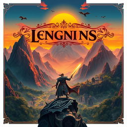 A stunning movie poster design featuring an epic fantasy landscape with towering mountains and a glowing sunset sky