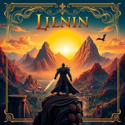 A stunning movie poster design featuring an epic fantasy landscape with towering mountains and a glowing sunset sky