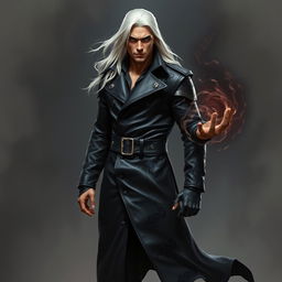 A tall, strikingly handsome human warlock with long, flowing white hair and piercing eyes stands boldly