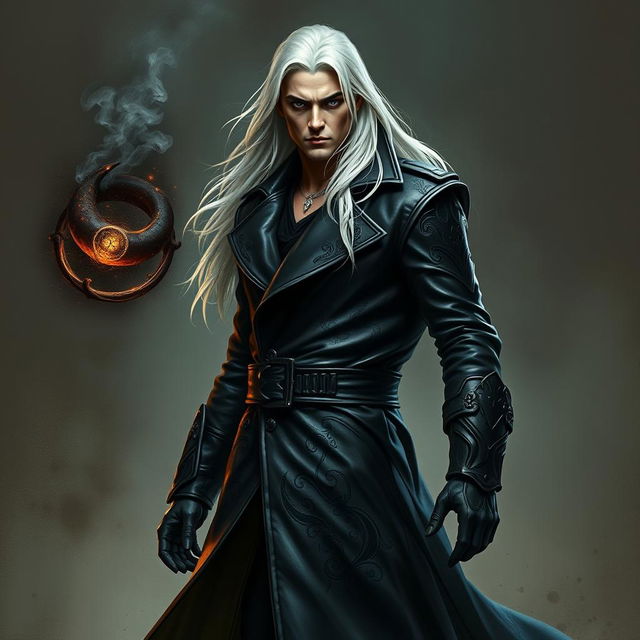 A tall, strikingly handsome human warlock with long, flowing white hair and piercing eyes stands boldly