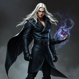 A tall, strikingly handsome human warlock with long, flowing white hair and piercing eyes stands boldly