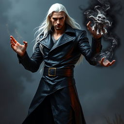 A tall, strikingly handsome human warlock with long, flowing white hair and piercing eyes stands boldly