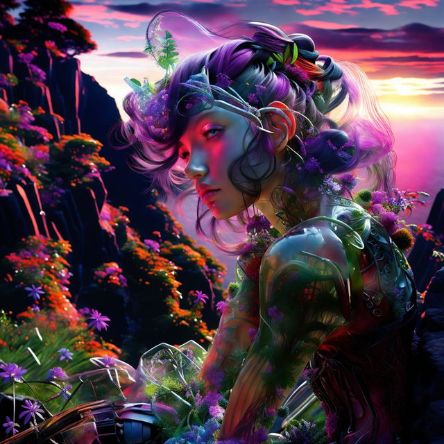 Ultra-detailed, raw, unedited professional photograph of a more beautiful cyber-organic woman leaning back on her hands with a small smile. She sits on a rock at a cliff edge. Her transparent arm skin reveals inner workings of green plants, vines with coloured flowers and mechanical parts. Her thick, wavy hair is purple-violet-magenta and she has dark eyelashes. Her irises are opalescent. She looks out at a vibrant sunset.