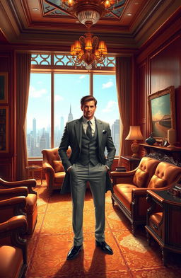 A captivating and dynamic scene of a masterfully dressed figure, embodying power and confidence, in a luxurious setting
