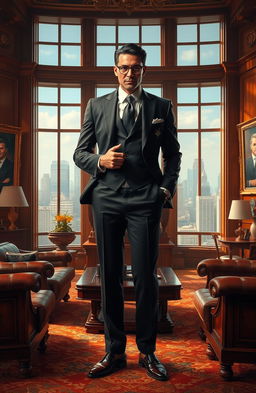 A captivating and dynamic scene of a masterfully dressed figure, embodying power and confidence, in a luxurious setting