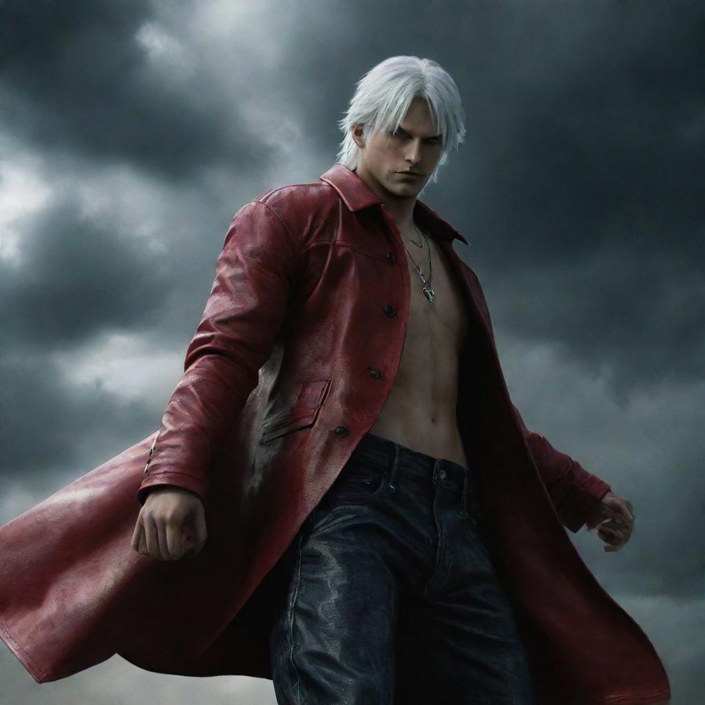 Dante, from Devil May Cry, dynamically playing basketball, with his white hair flowing and wearing his signature red coat. The backdrop is dramatic with ominous clouds echoing the intense game situation.