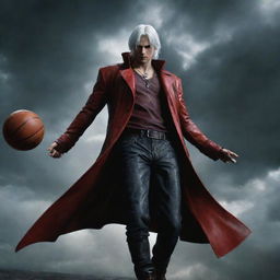 Dante, from Devil May Cry, dynamically playing basketball, with his white hair flowing and wearing his signature red coat. The backdrop is dramatic with ominous clouds echoing the intense game situation.