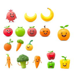 A collection of simple 3D animated images designed for kids, showcasing a variety of identifiable fruits and vegetables