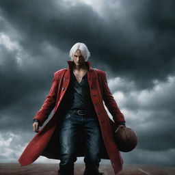 Dante, from Devil May Cry, dynamically playing basketball, with his white hair flowing and wearing his signature red coat. The backdrop is dramatic with ominous clouds echoing the intense game situation.