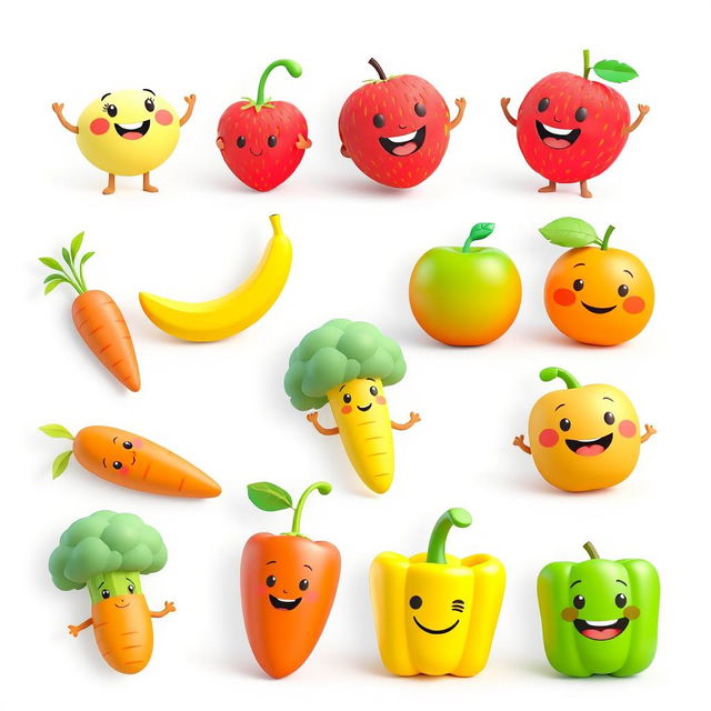 A collection of simple 3D animated images designed for kids, showcasing a variety of identifiable fruits and vegetables