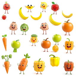 A collection of simple 3D animated images designed for kids, showcasing a variety of identifiable fruits and vegetables