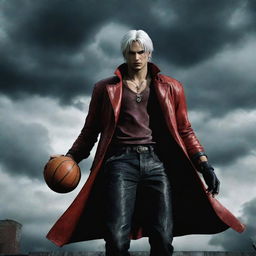 Dante, from Devil May Cry, dynamically playing basketball, with his white hair flowing and wearing his signature red coat. The backdrop is dramatic with ominous clouds echoing the intense game situation.