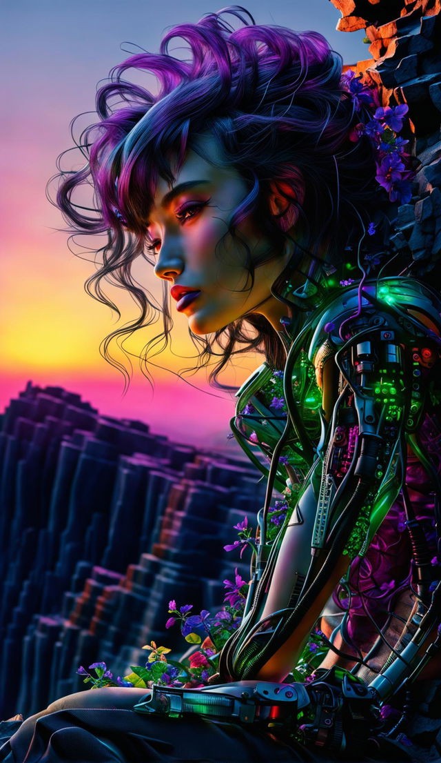 Extremely detailed, raw, unedited professional photograph of a more beautiful, content and relaxed cyber-organic woman leaning back on her hands with a small smile. She sits on a rock at a cliff edge staring at the sunset on the horizon. Her transparent arm skin reveals green vines with blue flowers and mechanical parts. Her thick, wavy hair is purple-violet-magenta and she has dark eyelashes. Her irises are opalescent.