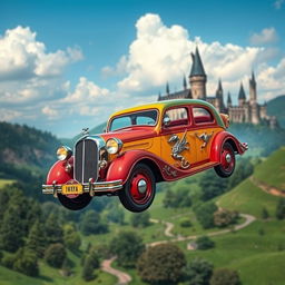 A magical car inspired by the world of Harry Potter, featuring vintage design elements combined with whimsical, enchanted details