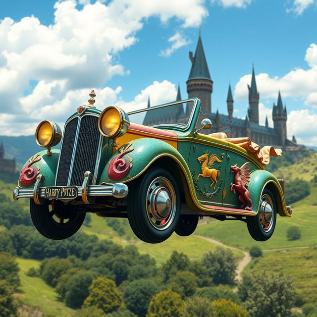 A magical car inspired by the world of Harry Potter, featuring vintage design elements combined with whimsical, enchanted details