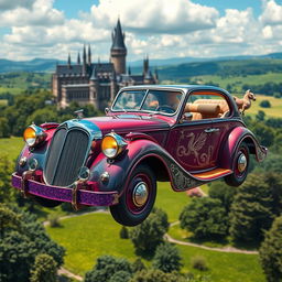 A magical car inspired by the world of Harry Potter, featuring vintage design elements combined with whimsical, enchanted details