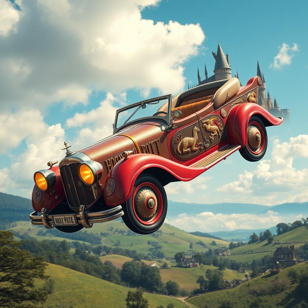 A magical car inspired by the world of Harry Potter, featuring vintage design elements combined with whimsical, enchanted details