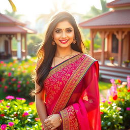 A beautiful Indian woman standing gracefully in a colorful saree adorned with intricate embroidery