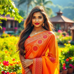 A beautiful Indian woman standing gracefully in a colorful saree adorned with intricate embroidery