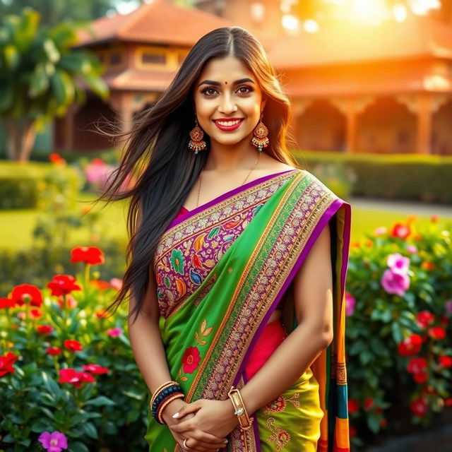 A beautiful Indian woman standing gracefully in a colorful saree adorned with intricate embroidery