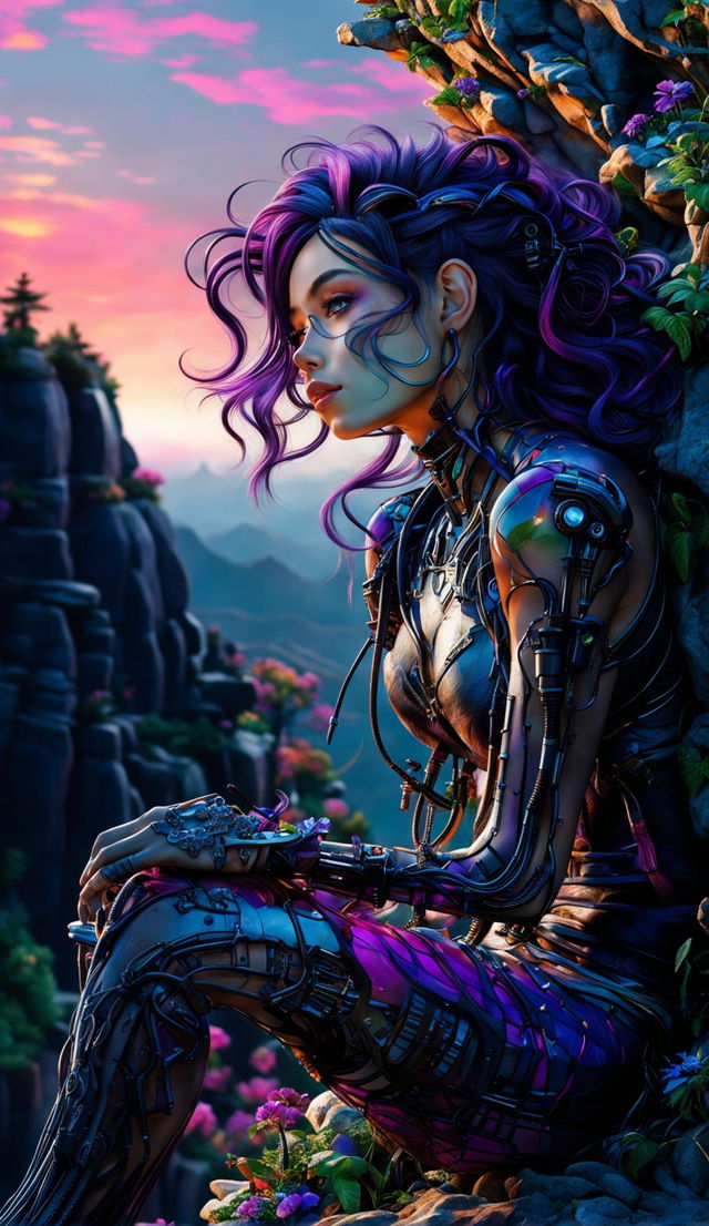 Extremely detailed, raw, unedited long distance professional photograph of a more beautiful, content and relaxed cyber-organic woman leaning back on her hands with a small smile. She sits on a rock at a cliff edge staring at the sunset on the horizon. Her transparent arm skin reveals green vines with blue flowers and mechanical parts. Her thick, wavy hair is purple-violet-magenta and she has dark eyelashes. Her irises are opalescent. Whole body in frame.