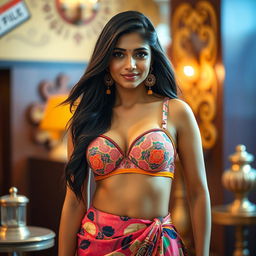 A confident Indian woman wearing a stylish bra and skirt, showcasing modern fashion