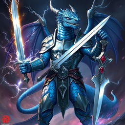 An imposing, anthropomorphic blue Dragonborn from Dungeons & Dragons, standing tall and muscular