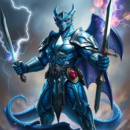 An imposing, anthropomorphic blue Dragonborn from Dungeons & Dragons, standing tall and muscular