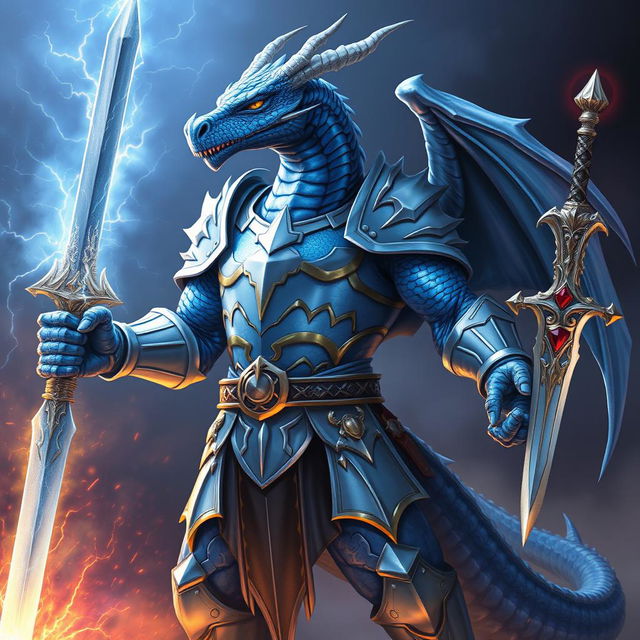 An imposing, anthropomorphic blue Dragonborn from Dungeons & Dragons, standing tall and muscular