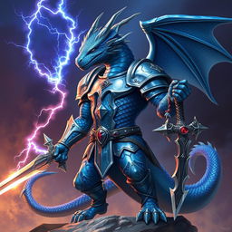 An imposing, anthropomorphic blue Dragonborn from Dungeons & Dragons, standing tall and muscular