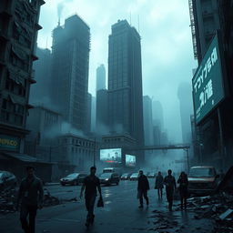 A dystopic cityscape, featuring towering, decaying skyscrapers with broken windows and flickering neon lights, surrounded by thick smog and an overcast sky