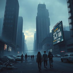 A dystopic cityscape, featuring towering, decaying skyscrapers with broken windows and flickering neon lights, surrounded by thick smog and an overcast sky