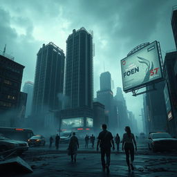 A dystopic cityscape, featuring towering, decaying skyscrapers with broken windows and flickering neon lights, surrounded by thick smog and an overcast sky