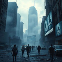 A dystopic cityscape, featuring towering, decaying skyscrapers with broken windows and flickering neon lights, surrounded by thick smog and an overcast sky
