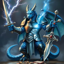 An anthropomorphic blue Dragonborn from Dungeons & Dragons stands tall, muscular, and imposing