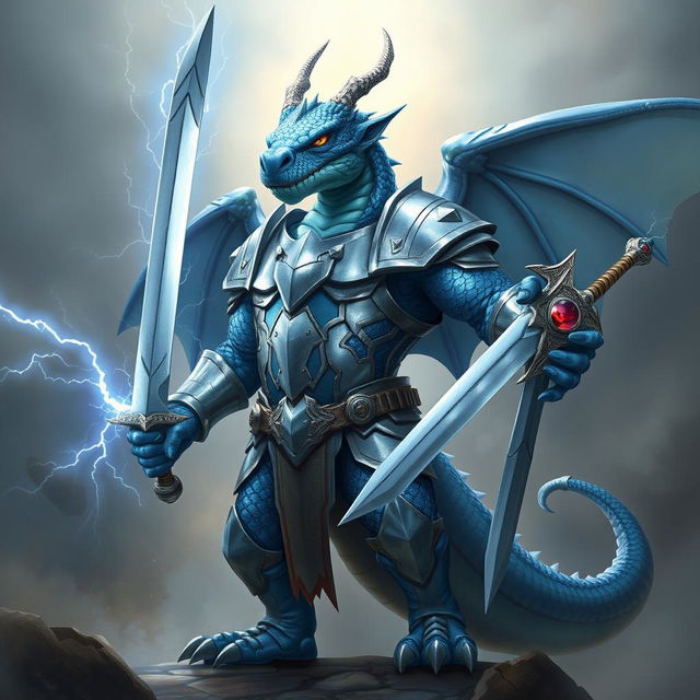 An anthropomorphic blue Dragonborn from Dungeons & Dragons stands tall, muscular, and imposing