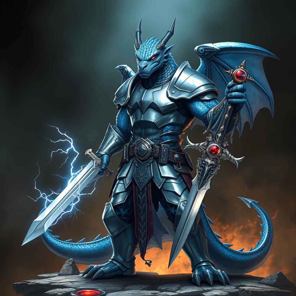 An anthropomorphic blue Dragonborn from Dungeons & Dragons stands tall, muscular, and imposing