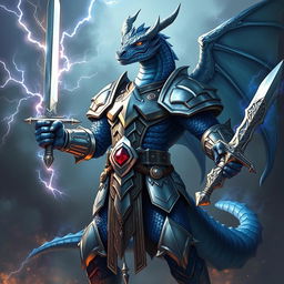 An anthropomorphic blue Dragonborn from Dungeons & Dragons stands tall, muscular, and imposing