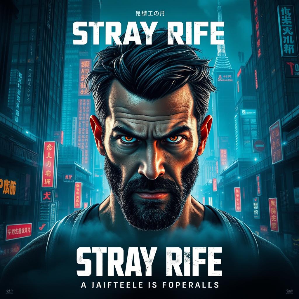 A captivating cinema poster for a dystopian futuristic city called Stray Rife, where artificial intelligence reigns