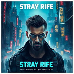 A captivating cinema poster for a dystopian futuristic city called Stray Rife, where artificial intelligence reigns